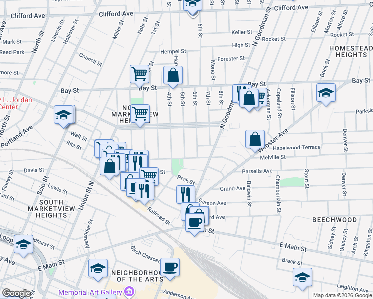 map of restaurants, bars, coffee shops, grocery stores, and more near 22 5th Street in Rochester