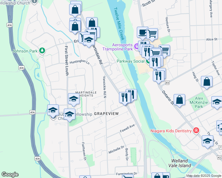 map of restaurants, bars, coffee shops, grocery stores, and more near 135 Martindale Road in St. Catharines