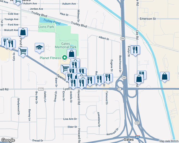 map of restaurants, bars, coffee shops, grocery stores, and more near 12 Cornelia Drive in Rochester