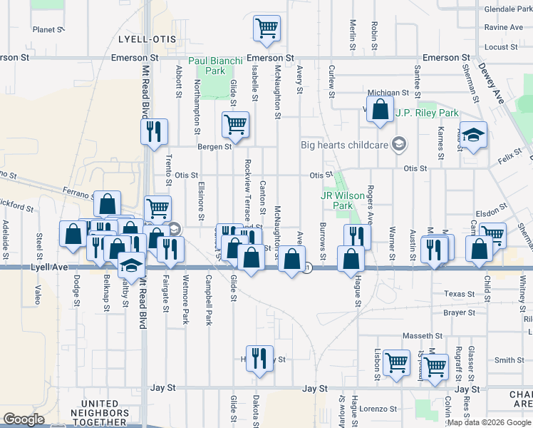 map of restaurants, bars, coffee shops, grocery stores, and more near 70 Canton Street in Rochester