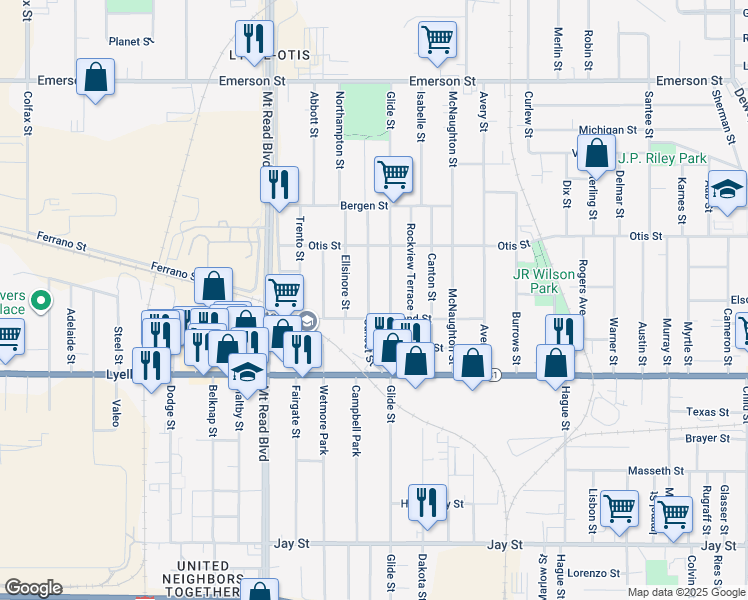 map of restaurants, bars, coffee shops, grocery stores, and more near 122 Sunset Street in Rochester