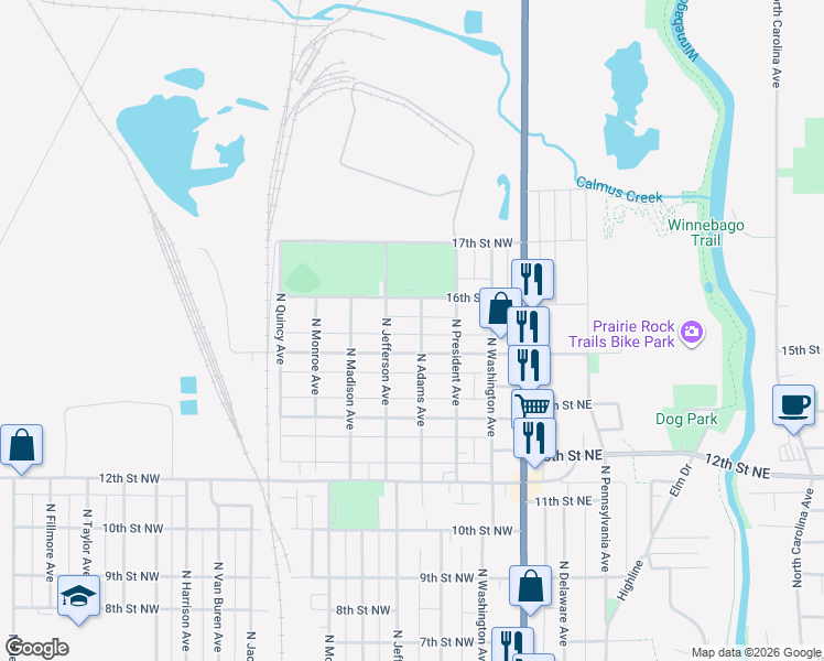 map of restaurants, bars, coffee shops, grocery stores, and more near 1520 N Adams Ave in Mason City