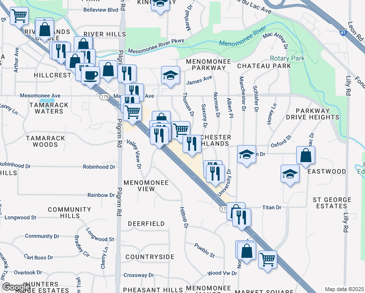 map of restaurants, bars, coffee shops, grocery stores, and more near N81W15070 Appleton Avenue in Menomonee Falls
