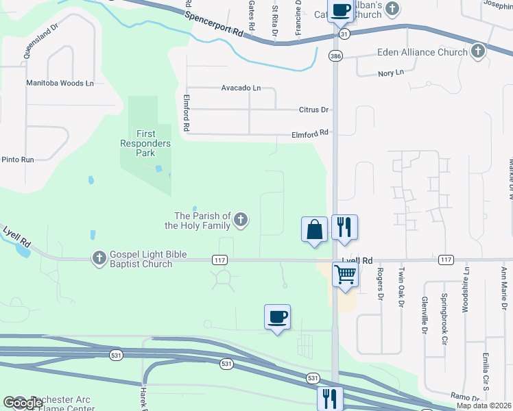 map of restaurants, bars, coffee shops, grocery stores, and more near 41 Cedar Cove Trail in Rochester
