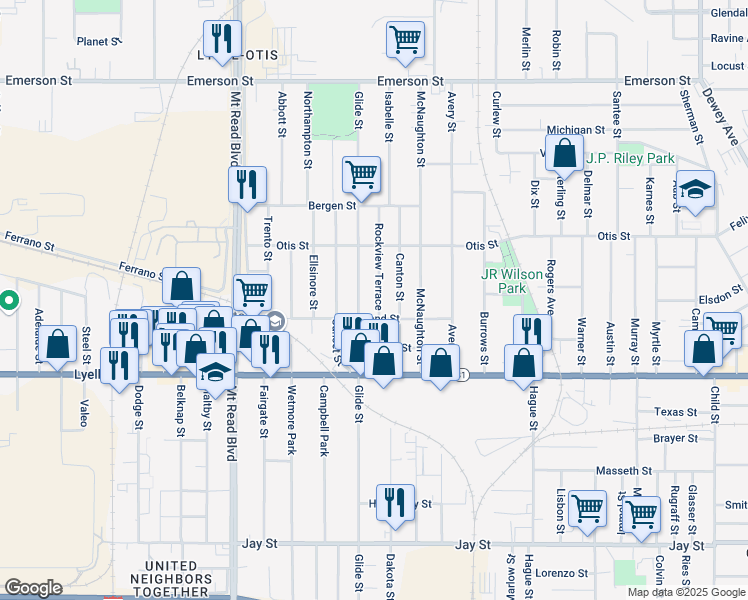 map of restaurants, bars, coffee shops, grocery stores, and more near 107 Rockview Terrace in Rochester