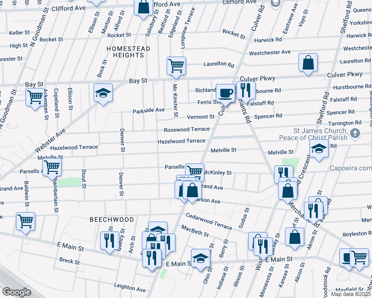 map of restaurants, bars, coffee shops, grocery stores, and more near 482 Melville Street in Rochester