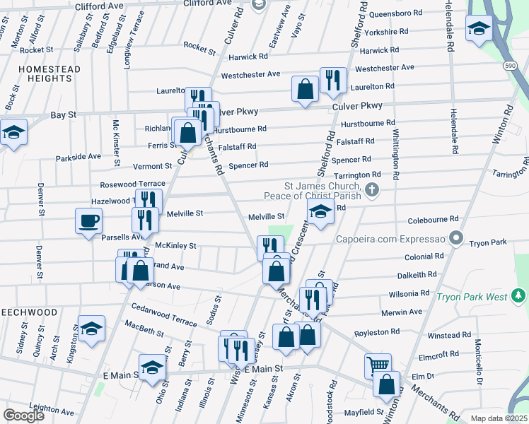 map of restaurants, bars, coffee shops, grocery stores, and more near 768 Melville Street in Rochester