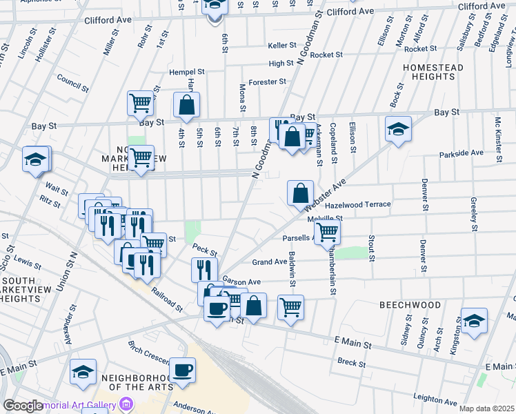 map of restaurants, bars, coffee shops, grocery stores, and more near 27 Diringer Pl in Rochester