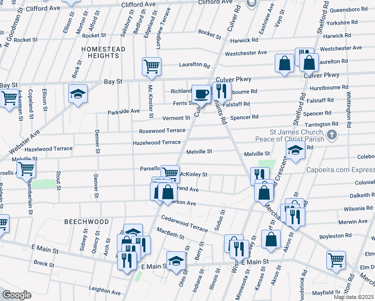 map of restaurants, bars, coffee shops, grocery stores, and more near 1188 Culver Road in Rochester