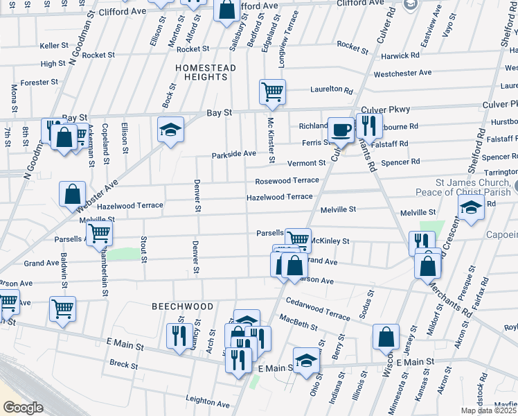 map of restaurants, bars, coffee shops, grocery stores, and more near 146 Greeley Street in Rochester
