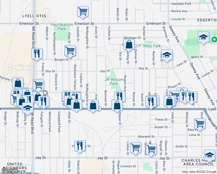 map of restaurants, bars, coffee shops, grocery stores, and more near 113 Burrows Street in Rochester