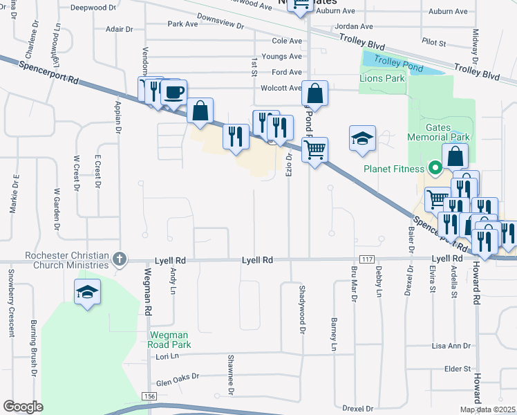 map of restaurants, bars, coffee shops, grocery stores, and more near 2900 Lyell Road in Rochester