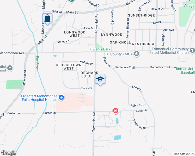 map of restaurants, bars, coffee shops, grocery stores, and more near W180N8231 Town Hall Road in Menomonee Falls