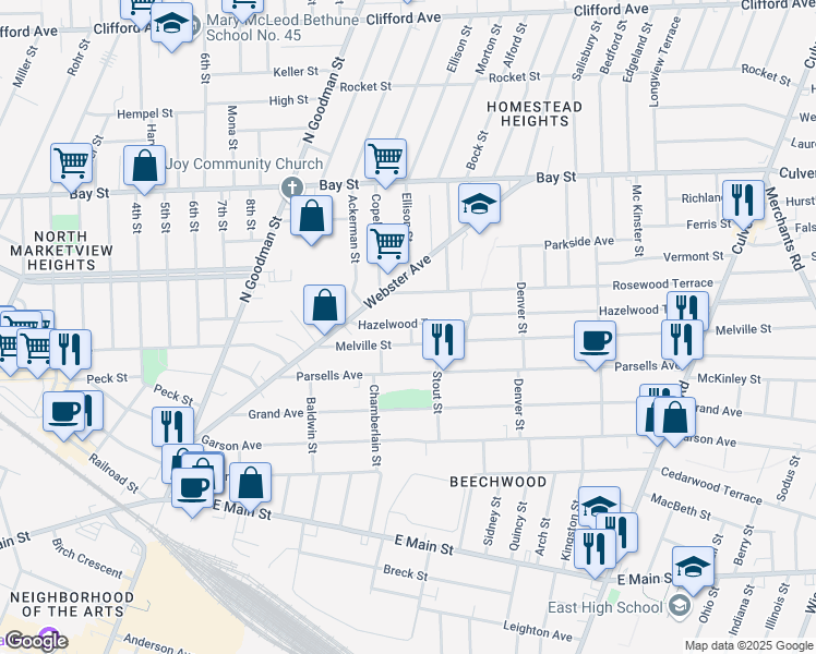 map of restaurants, bars, coffee shops, grocery stores, and more near 81 Hazelwood Terrace in Rochester