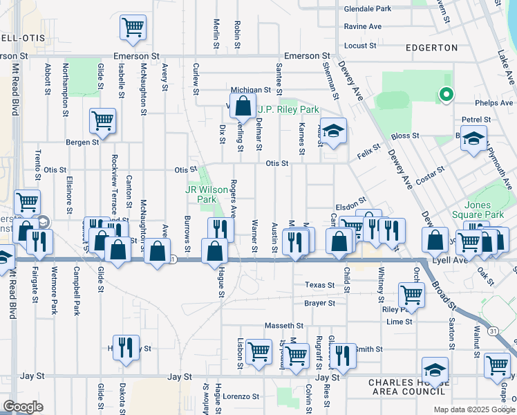 map of restaurants, bars, coffee shops, grocery stores, and more near 112 Warner Street in Rochester
