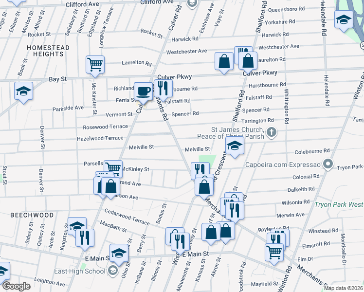 map of restaurants, bars, coffee shops, grocery stores, and more near 710 Merchants Road in Rochester