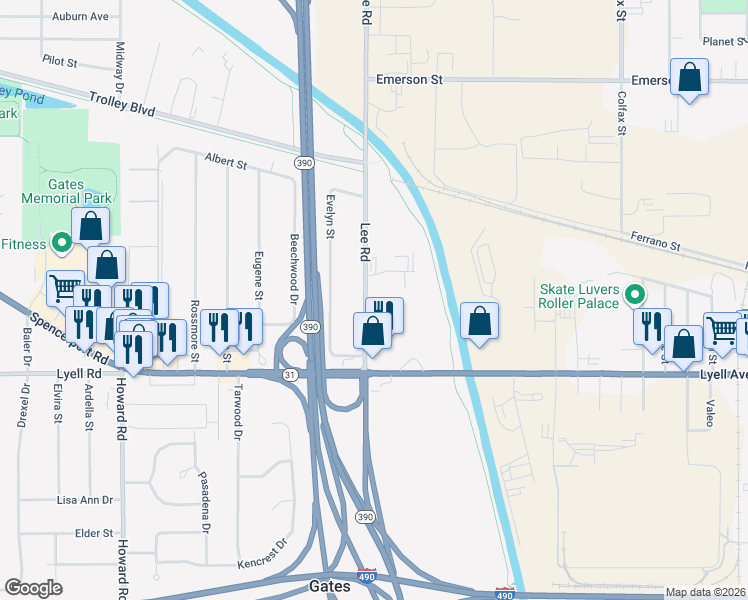 map of restaurants, bars, coffee shops, grocery stores, and more near 100 Lee Road in Rochester