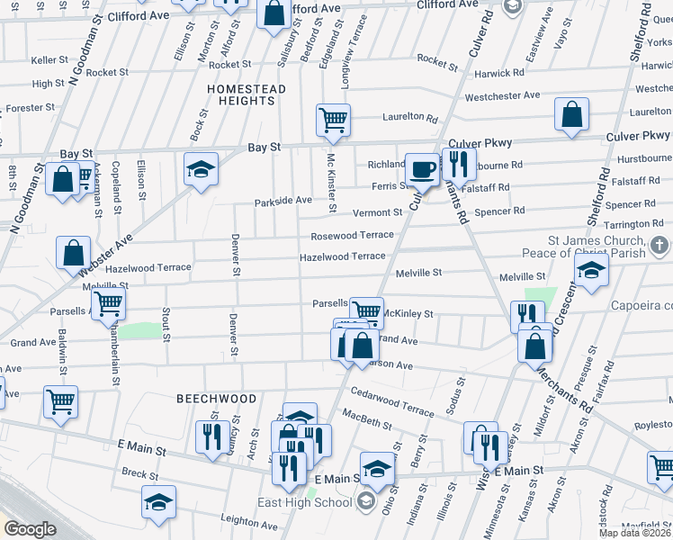 map of restaurants, bars, coffee shops, grocery stores, and more near 454 Melville Street in Rochester