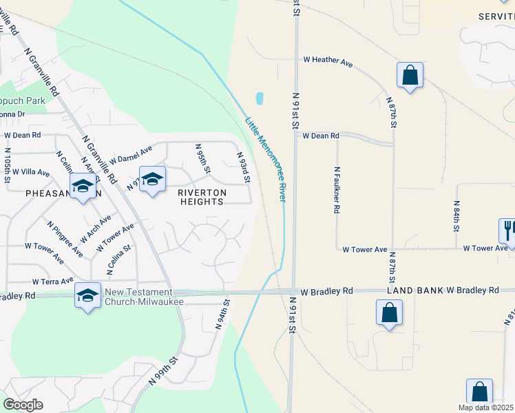 map of restaurants, bars, coffee shops, grocery stores, and more near 8202 North 93rd Street in Milwaukee