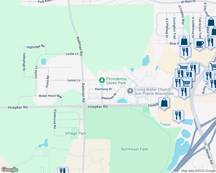 map of restaurants, bars, coffee shops, grocery stores, and more near 3174 Harmony St in Sun Prairie