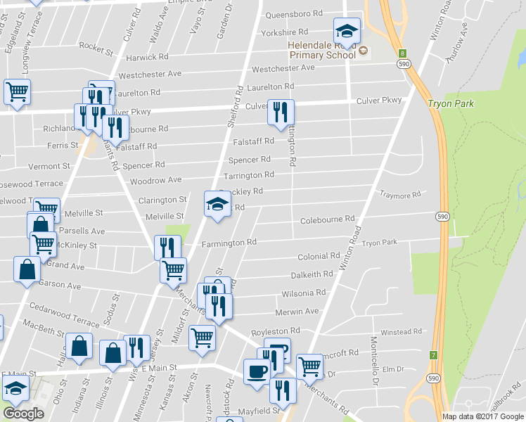 map of restaurants, bars, coffee shops, grocery stores, and more near 119 Brett Road in Rochester