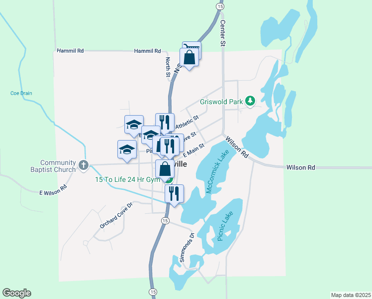 map of restaurants, bars, coffee shops, grocery stores, and more near 145 East Main Street in Davison