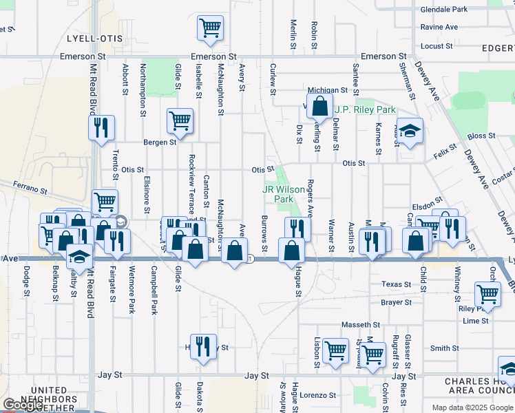 map of restaurants, bars, coffee shops, grocery stores, and more near 113 Burrows Street in Rochester