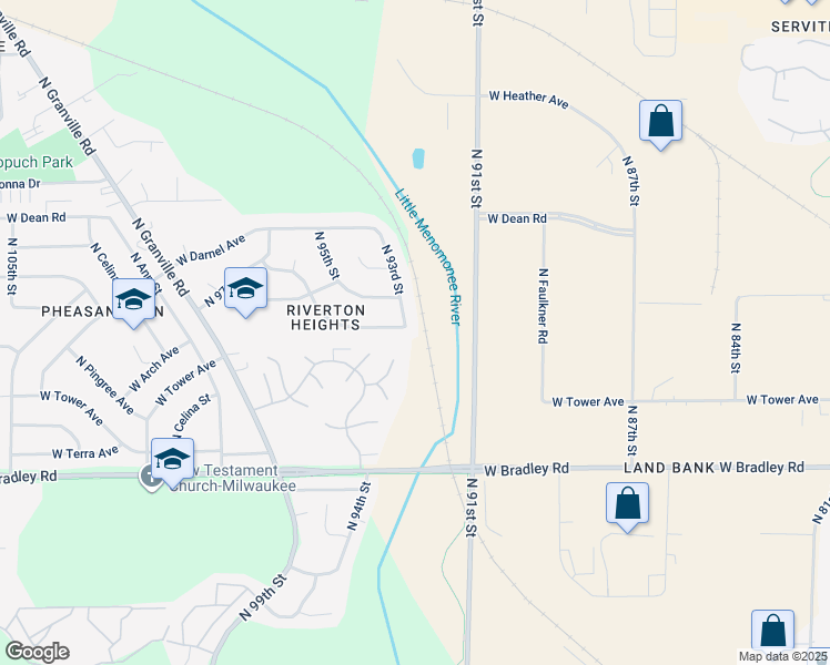 map of restaurants, bars, coffee shops, grocery stores, and more near 8202 North 93rd Street in Milwaukee