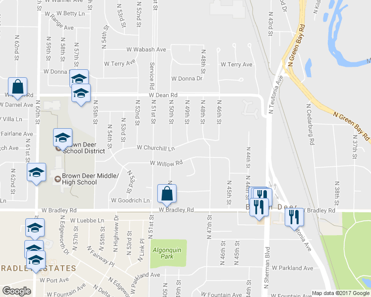 map of restaurants, bars, coffee shops, grocery stores, and more near 4921 West Churchill Lane in Brown Deer