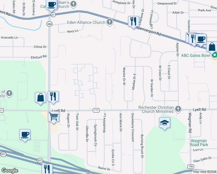map of restaurants, bars, coffee shops, grocery stores, and more near 76 Hickory Manor Drive in Rochester