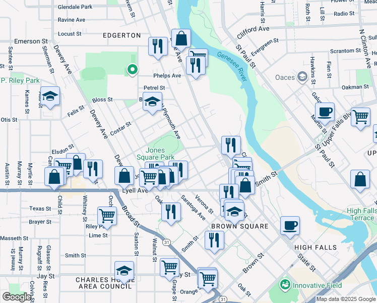 map of restaurants, bars, coffee shops, grocery stores, and more near 31 Jones Avenue in Rochester