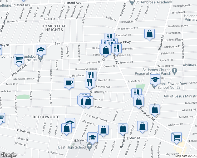 map of restaurants, bars, coffee shops, grocery stores, and more near 1188 Culver Road in Rochester