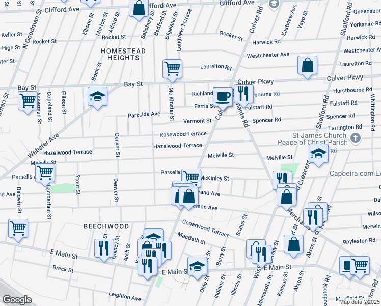 map of restaurants, bars, coffee shops, grocery stores, and more near 506 Melville Street in Rochester