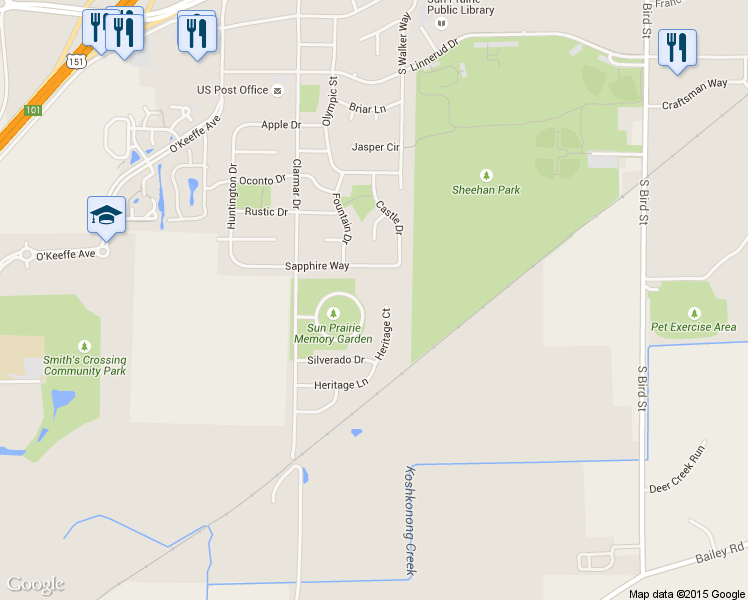 map of restaurants, bars, coffee shops, grocery stores, and more near 1130 Heritage Court in Sun Prairie
