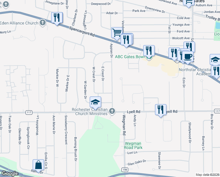 map of restaurants, bars, coffee shops, grocery stores, and more near 25 Appian Drive in Rochester