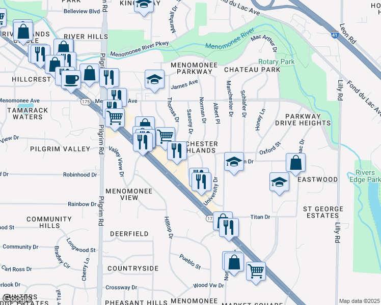 map of restaurants, bars, coffee shops, grocery stores, and more near W150N8213 Norman Drive in Menomonee Falls