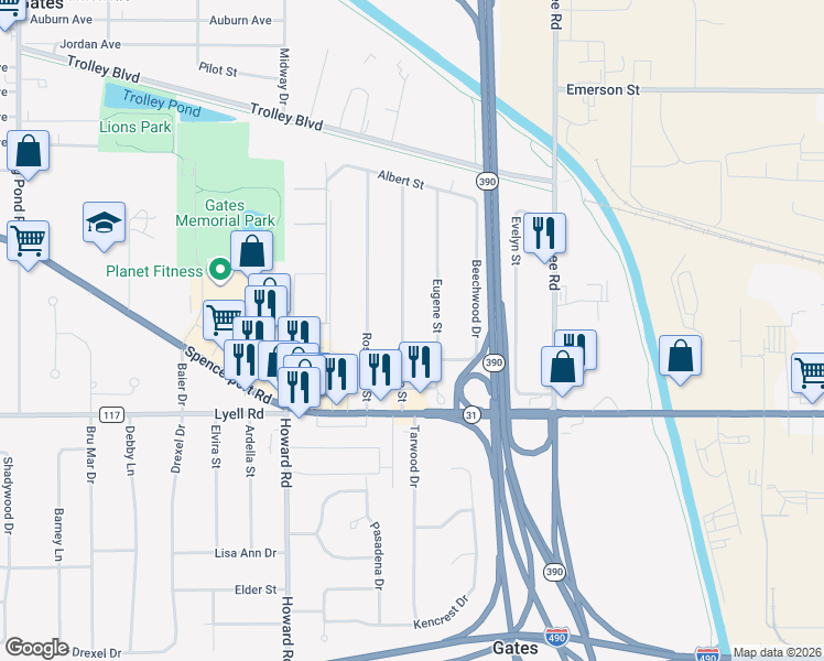 map of restaurants, bars, coffee shops, grocery stores, and more near 208 Matilda Street in Rochester
