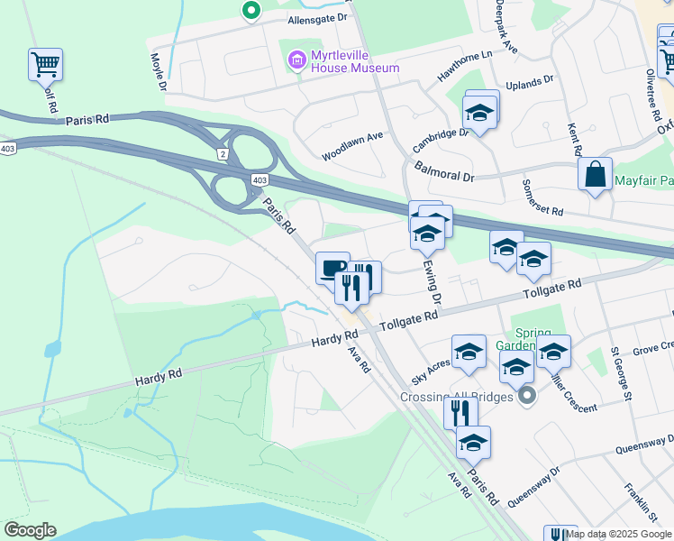 map of restaurants, bars, coffee shops, grocery stores, and more near 198 Paris Road in Brantford