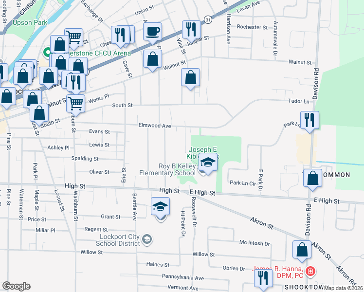 map of restaurants, bars, coffee shops, grocery stores, and more near 35 Reed St in Lockport