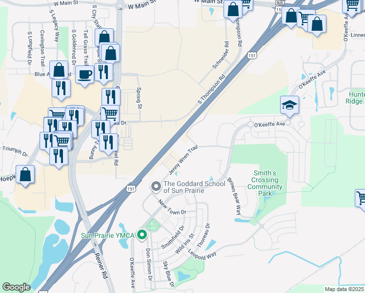 map of restaurants, bars, coffee shops, grocery stores, and more near 2470 Jenny Wren Trail in Sun Prairie