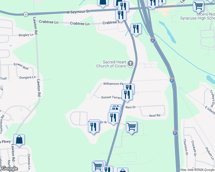 map of restaurants, bars, coffee shops, grocery stores, and more near 5724 Williamson Parkway in Cicero