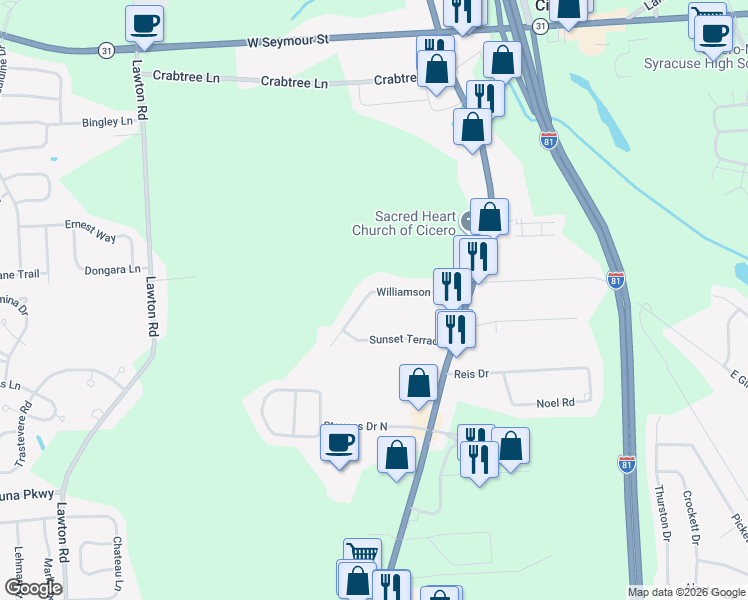 map of restaurants, bars, coffee shops, grocery stores, and more near 5724 Williamson Pkwy in Cicero