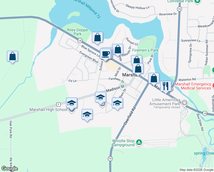 map of restaurants, bars, coffee shops, grocery stores, and more near 402 Madison Street in Marshall