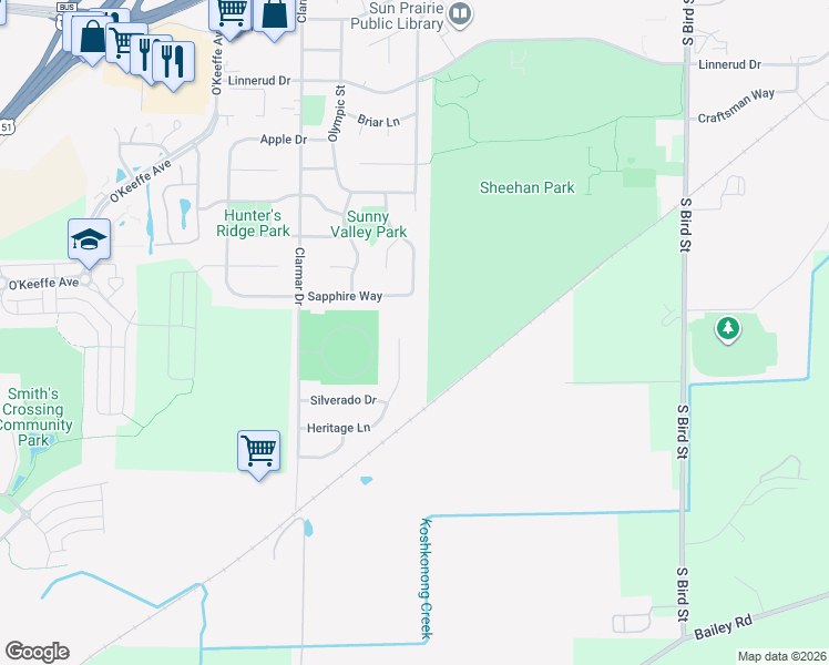 map of restaurants, bars, coffee shops, grocery stores, and more near 1130 Heritage Court in Sun Prairie