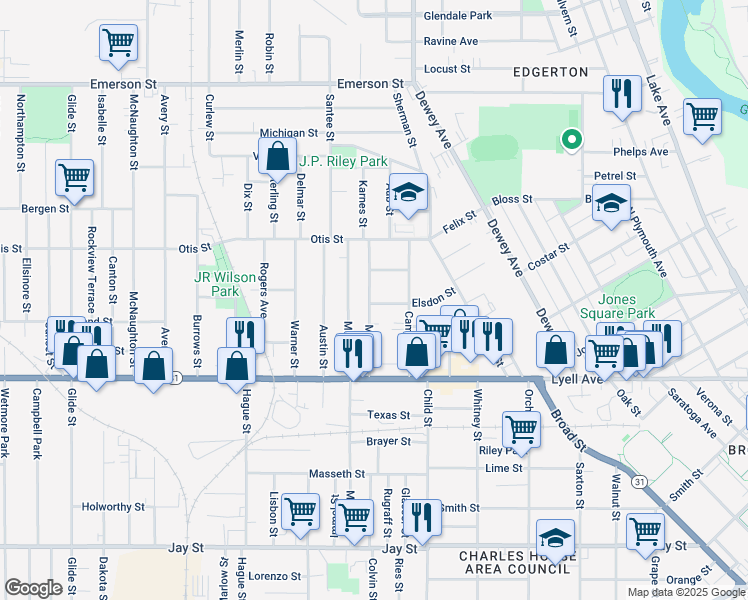 map of restaurants, bars, coffee shops, grocery stores, and more near 114 Myrtle Street in Rochester