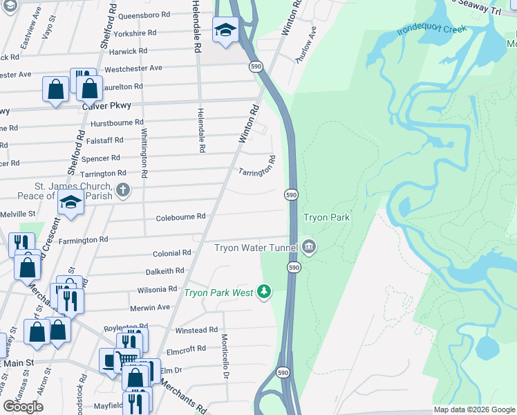 map of restaurants, bars, coffee shops, grocery stores, and more near 330 Colebourne Road in Rochester