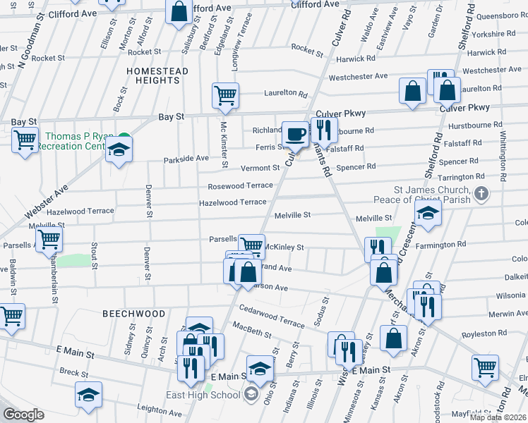 map of restaurants, bars, coffee shops, grocery stores, and more near 1188 Culver Road in Rochester