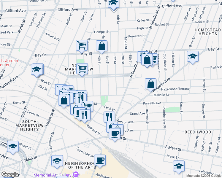 map of restaurants, bars, coffee shops, grocery stores, and more near 22 5th Street in Rochester