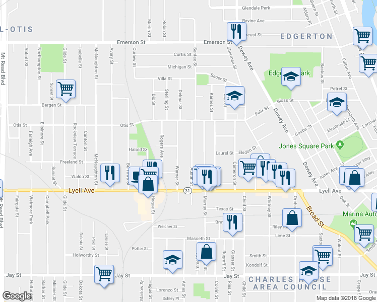 map of restaurants, bars, coffee shops, grocery stores, and more near 38 Austin Street in Rochester