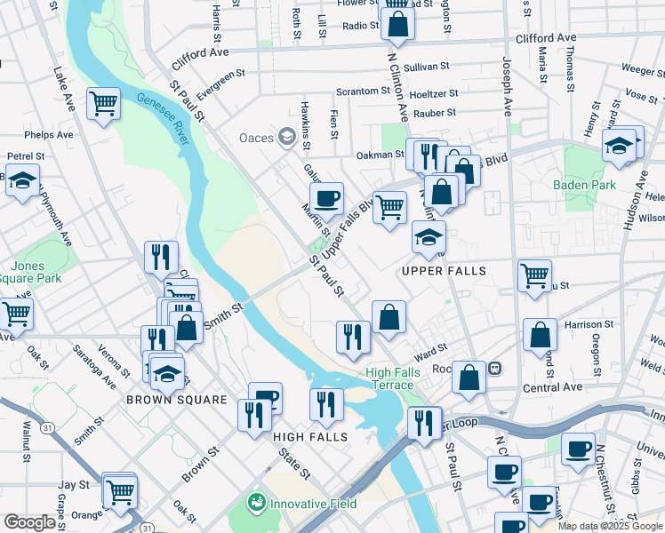 map of restaurants, bars, coffee shops, grocery stores, and more near 576 Saint Paul Street in Rochester